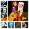 A collage of pixel art featuring a woman, a pig, and various skulls and abstract elements.