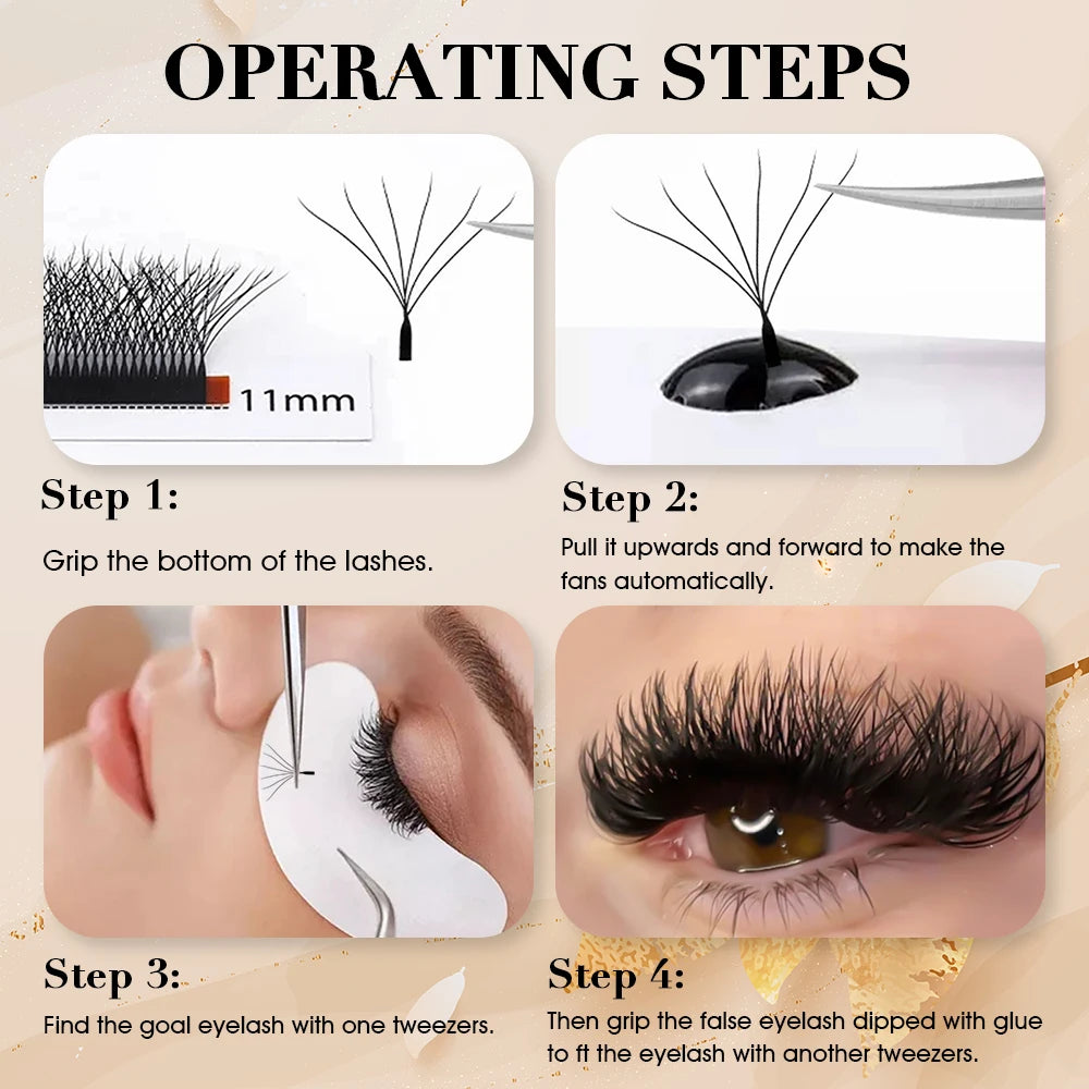 Instructions for applying handmade W-shape eyelash clusters using tweezers.