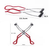 A red stainless steel canning jar lifter with non-slip grips shown in two views.