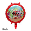 A red balloon featuring colorful cartoon characters like Sprunkies against a green landscape background.