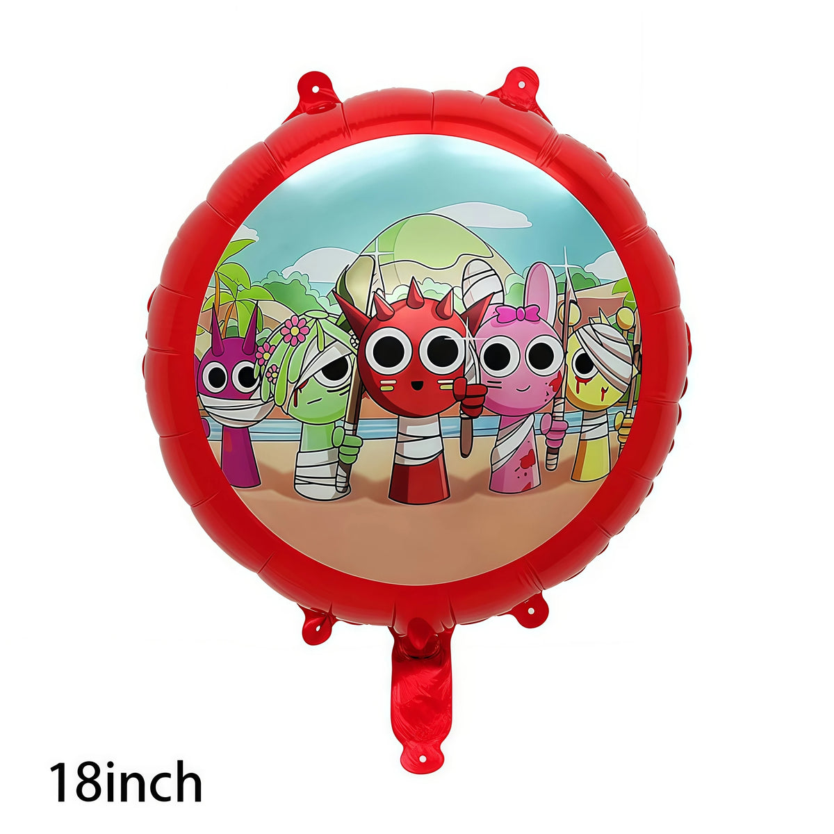 A red balloon featuring colorful cartoon characters like Sprunkies against a green landscape background.