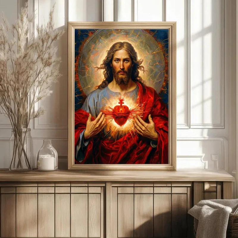 A framed painting depicting the Sacred Heart of Jesus with a radiant heart, set against a golden halo and dark background.