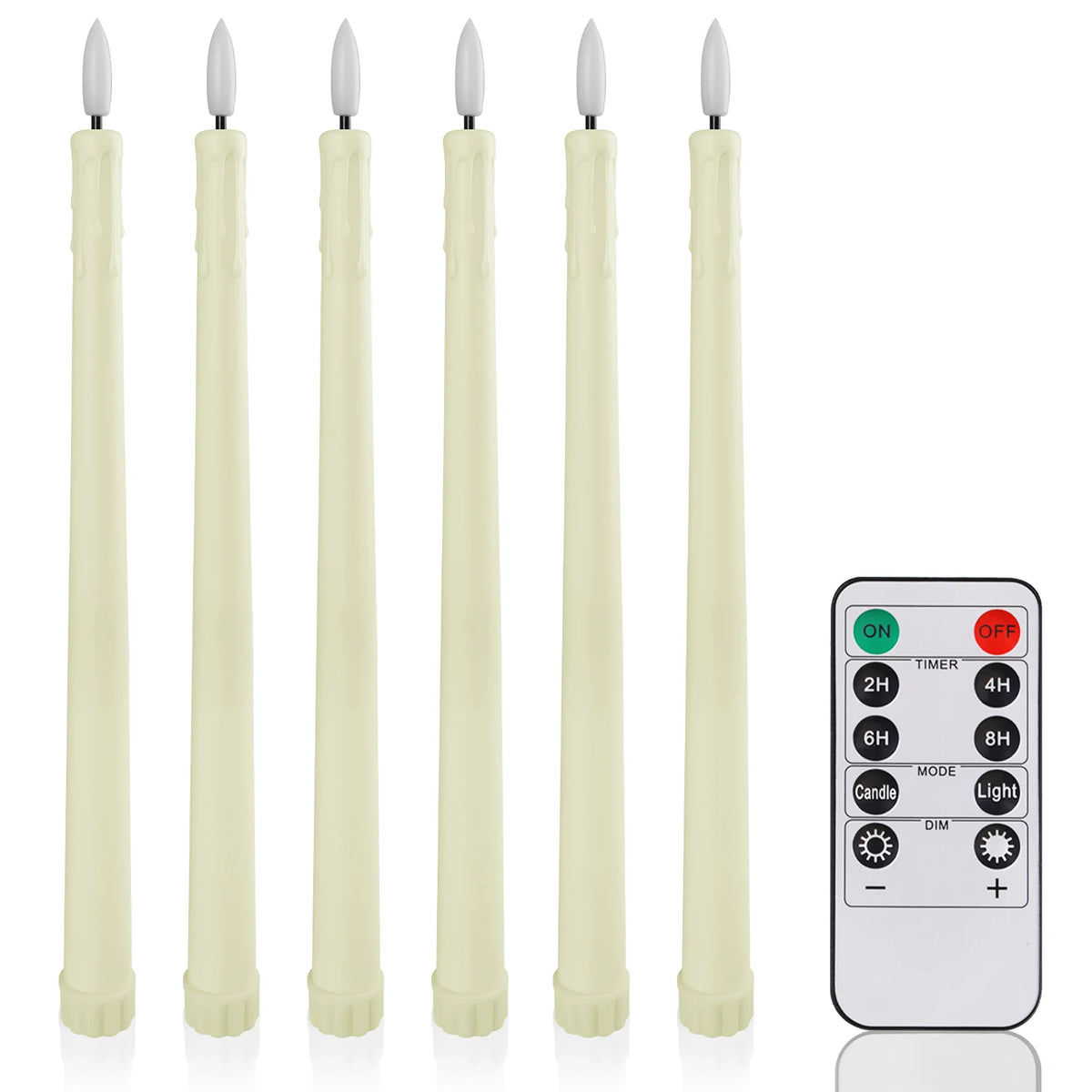 A set of six white flamed taper candles with glass tops shown standing upright.