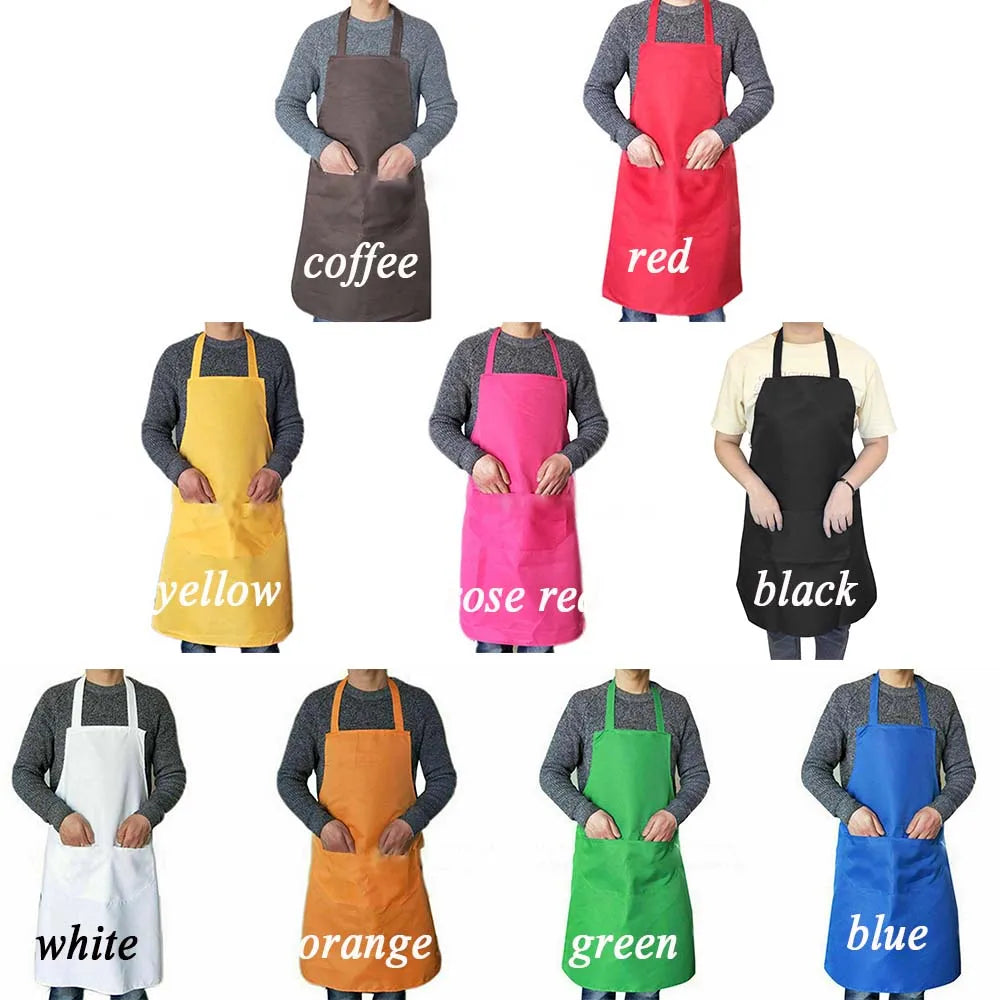 A collection of waterproof kitchen aprons in various colors including coffee, red, yellow, black, rose, orange, white, and bl