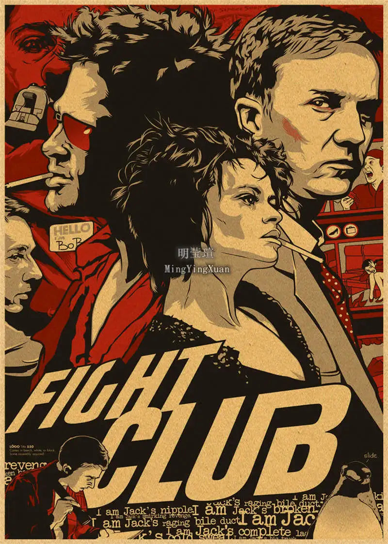 A vintage movie poster featuring a dramatic portrait of a man and text that reads FIGHT CLUB