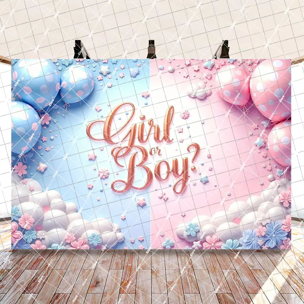 A gender reveal party decoration set featuring pink and blue balloons with a girl or boy theme.