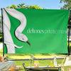A green flag featuring a white bird silhouette and the text deftones private music displayed outdoors.