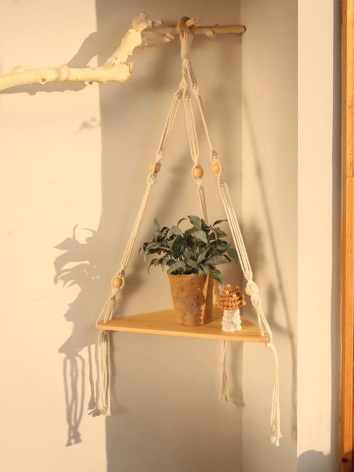 Étagère flottante en bois bohème avec portemanteaux en macramé exposant une plante en pot.