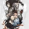 A painting depicts a group of characters in dynamic poses, including a fierce-looking figure and several others.