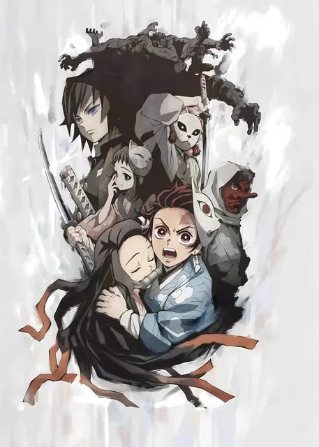 A painting depicts a group of characters in dynamic poses, including a fierce-looking figure and several others.
