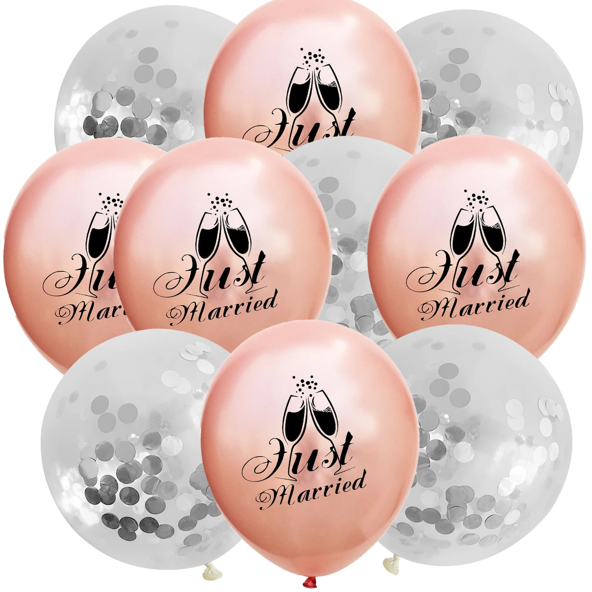 A pack of rose gold and silver latex confetti balloons with a