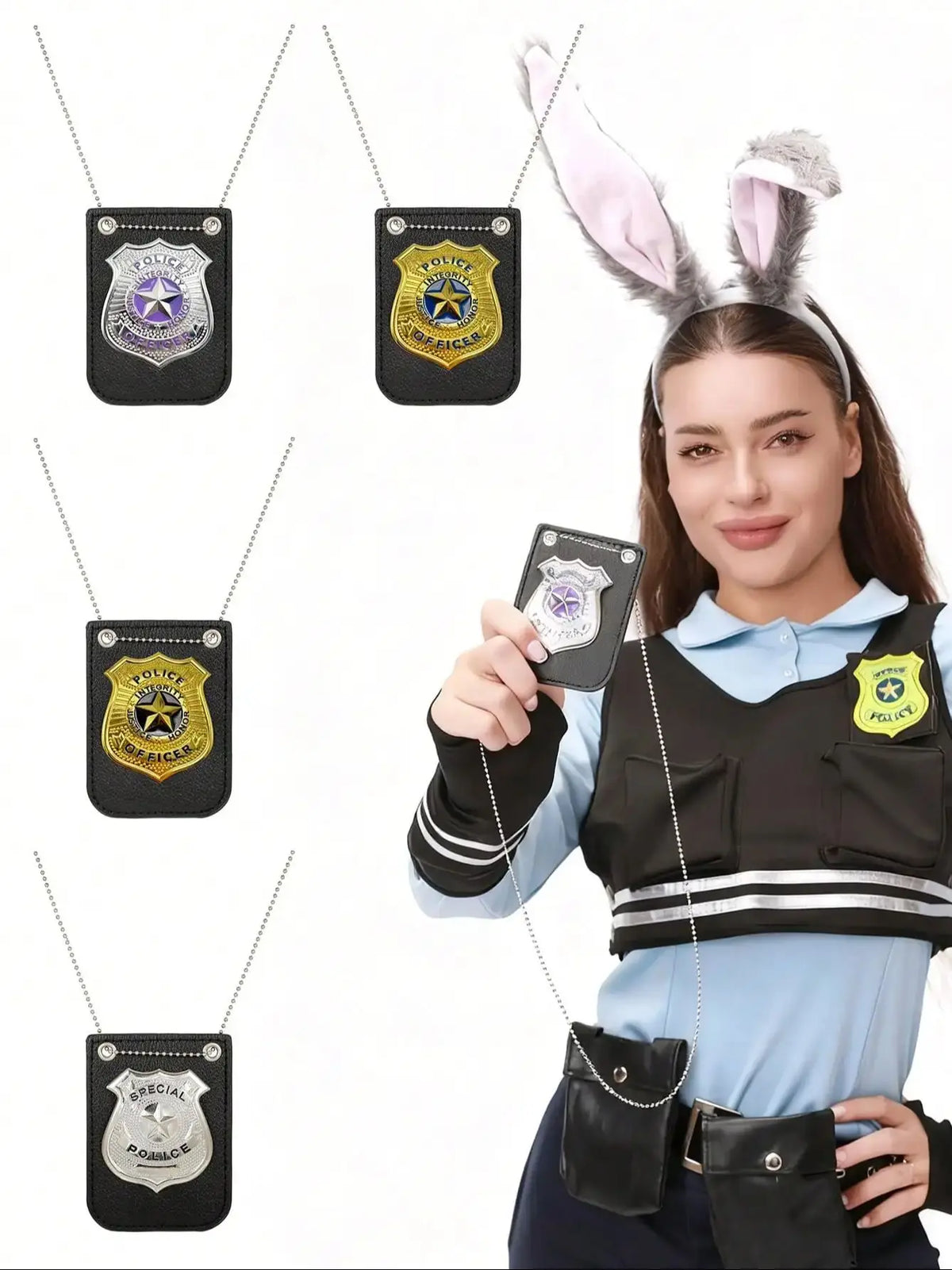 Una mujer modela un collar de insignia policial realista con diseño negro y dorado.