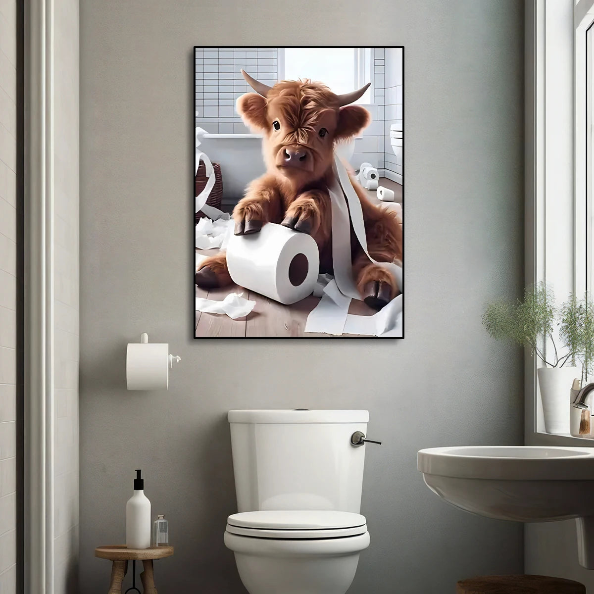 A painting of a brown Highland cow looking directly at the viewer, displayed in a modern bathroom setting.