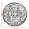 A detailed black and white illustration of a Tibetan Buddhist statue surrounded by ancient coins.