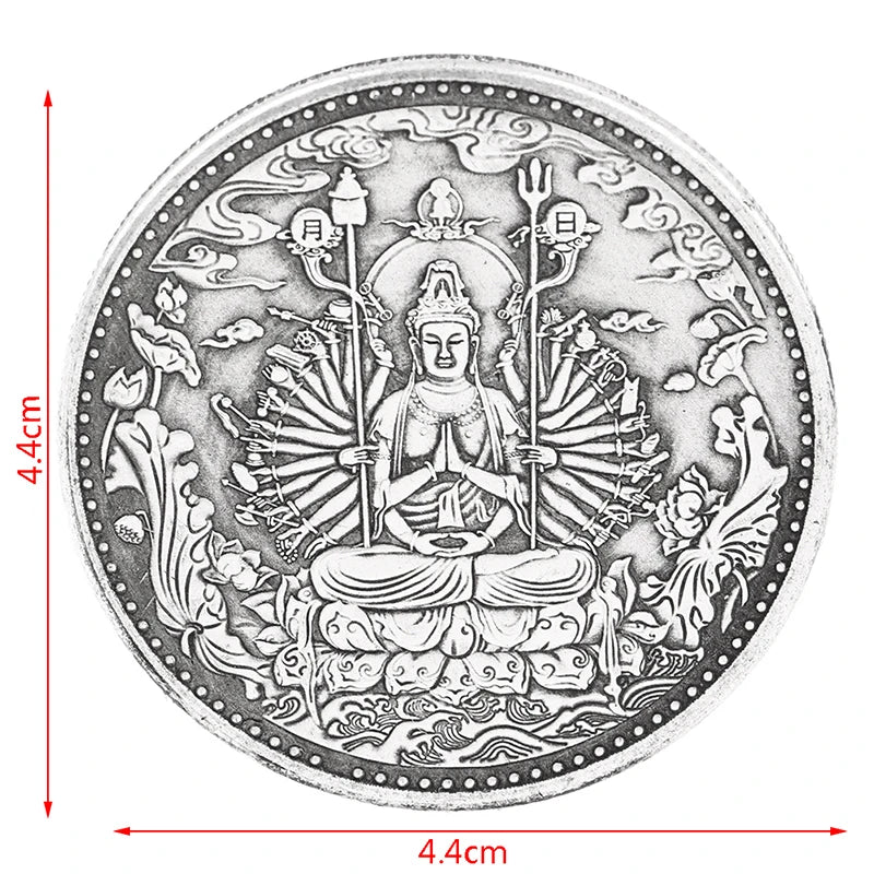 A detailed black and white illustration of a Tibetan Buddhist statue surrounded by ancient coins.