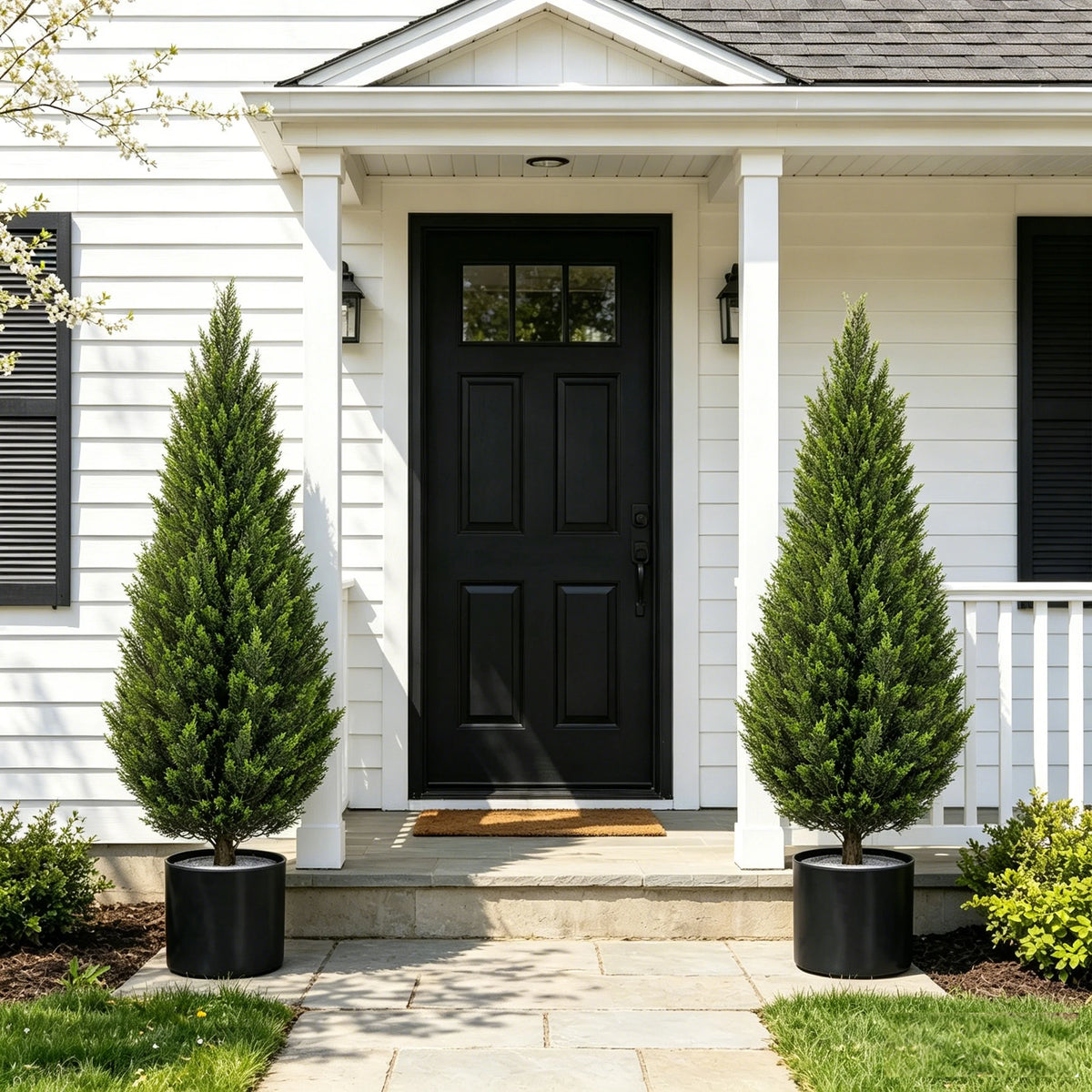 A tall, dark green artificial cedar topiary tree planted in a black pot in front of a white house entrance.