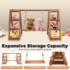 A wooden dessert display stand featuring multiple tiers and a hanging feature for storage.