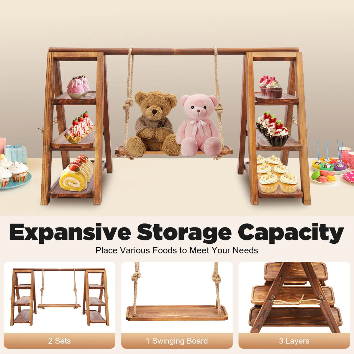 A wooden dessert display stand featuring multiple tiers and a hanging feature for storage.