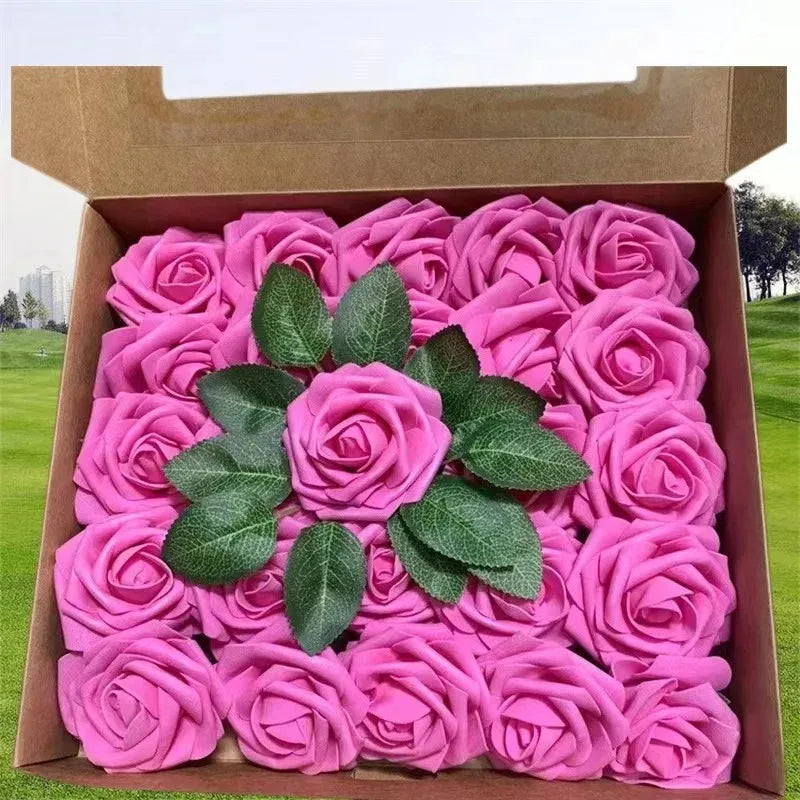 A box filled with pink foam roses for wedding and home décor