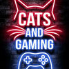 Neon sign art featuring a cat face and text that reads Cats and Gaming above a glowing gamepad silhouette.