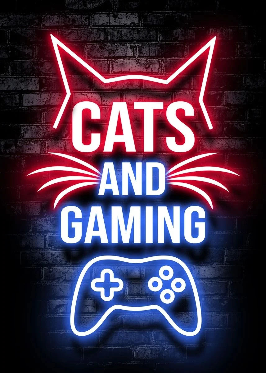 Neon sign art featuring a cat face and text that reads Cats and Gaming above a glowing gamepad silhouette.