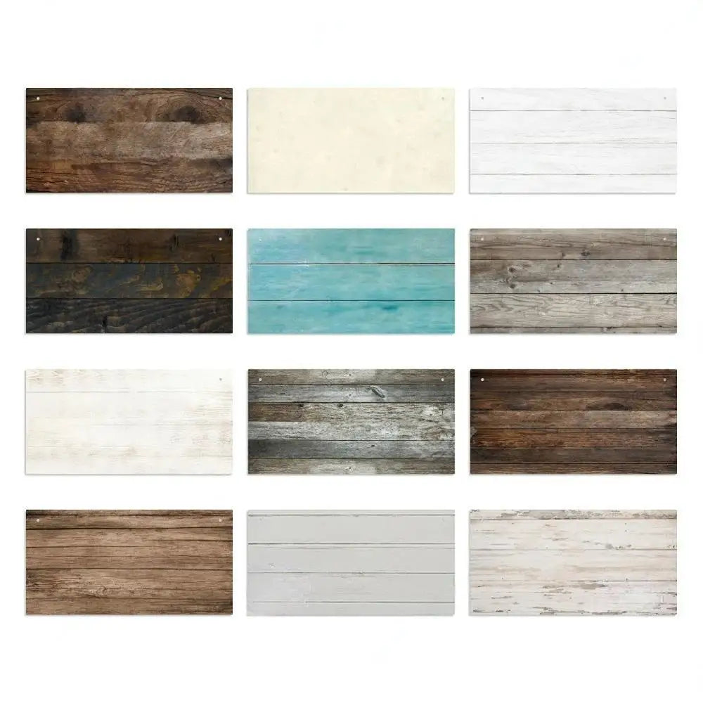 A grid of twelve wooden signs featuring various wood tones and white backgrounds for home decor.