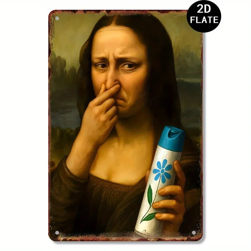 A painting of a woman with dark hair touching her nose, holding a blue bottle in her hand.