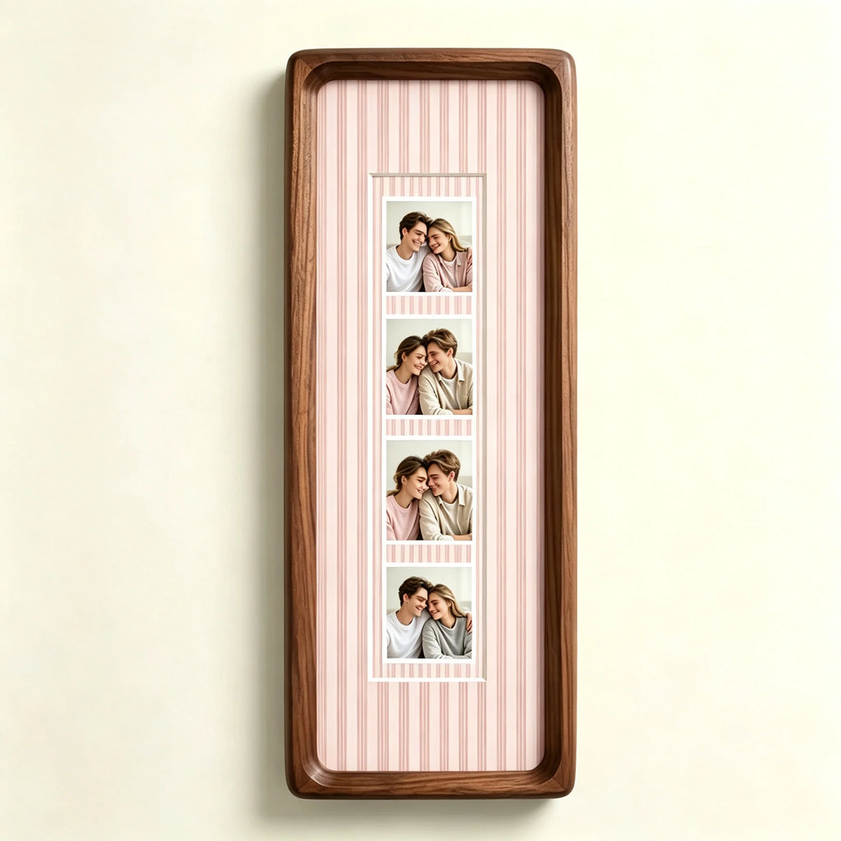 A vertical wooden photo strip frame with a light pink striped background displaying five small portrait photos.