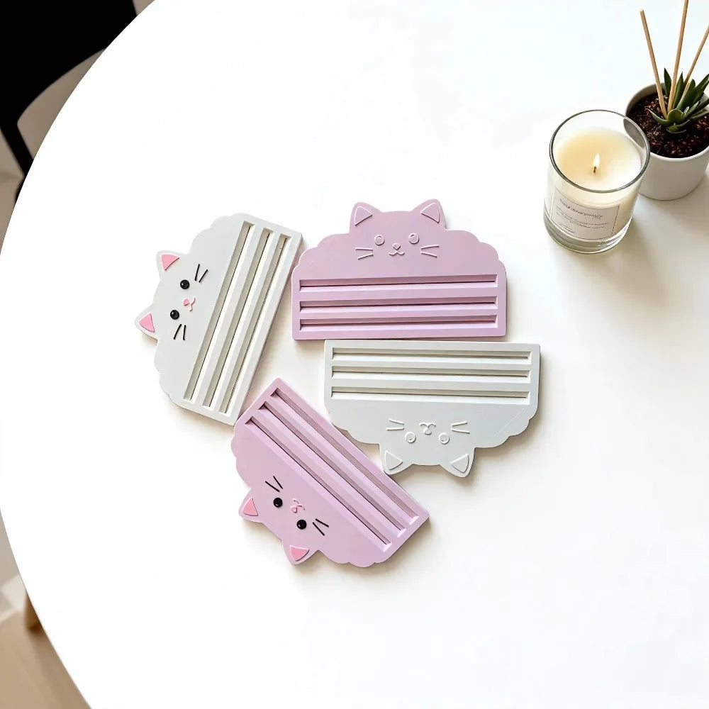 A set of pink and white cat food bag squeezers or no-waste dispensing tools resting on a white table next to a candle.