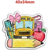 A sticker featuring a yellow school bus with a pink bow and an apple, used as a flatback resin craft embellishment.