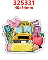 A sticker featuring a yellow school bus with a pink bow and an apple, used as a flatback resin craft embellishment.