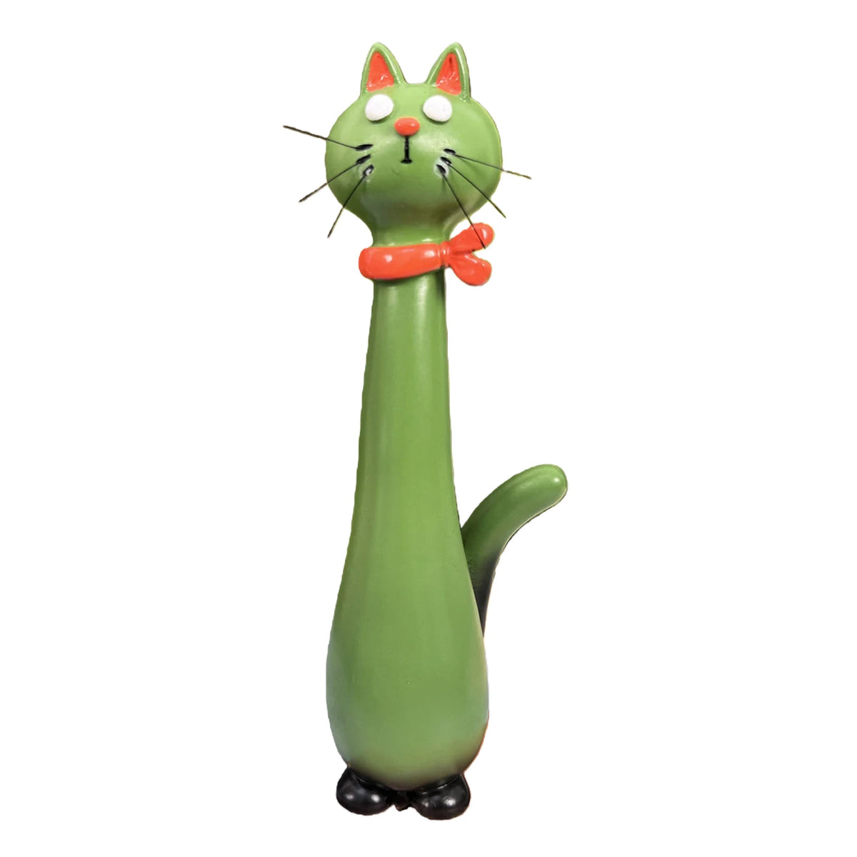 A whimsical resin cat flower vase in light green with orange accents.