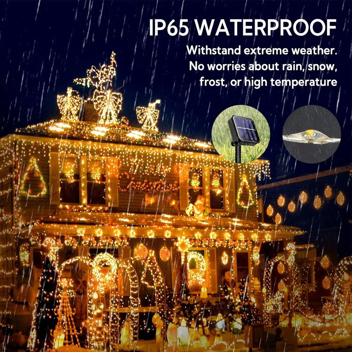 Outdoor house decorated with warm fairy string lights during a rain shower, emphasizing IP65 waterproof protection.