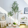 A tall artificial olive tree in a pot stands next to a white shelf with decorative items.