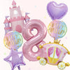 A set of seven pink balloons shaped like a castle and the number eight for birthday parties