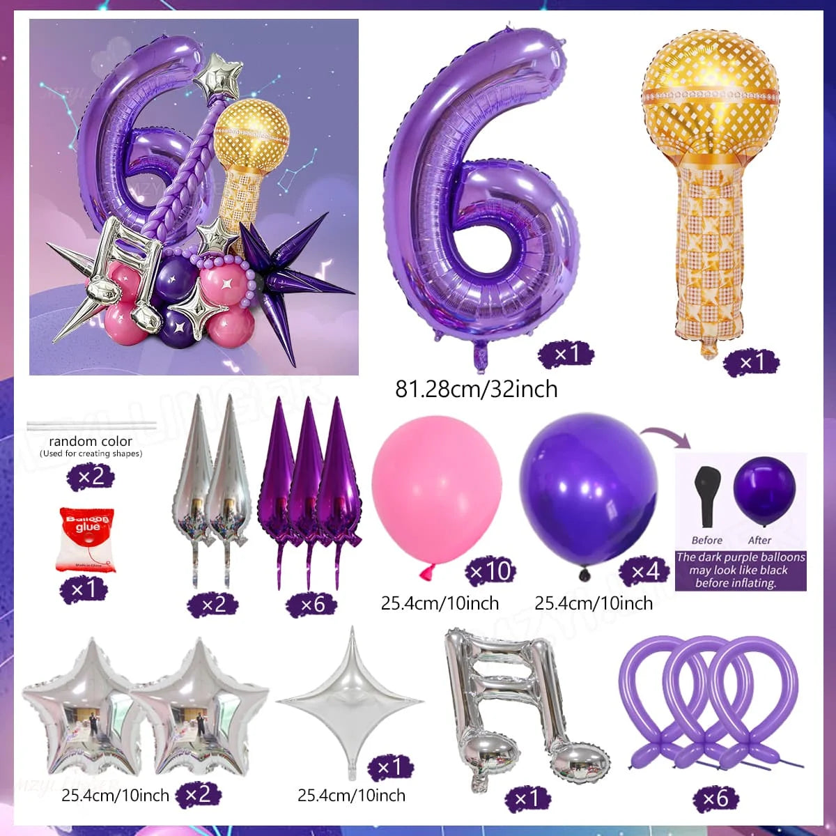 A set of decorative balloons including a purple number six, a gold balloon, and various shaped balloons like spikes and heart