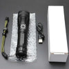 A black rechargeable zoom flashlight with a textured body and a green cord is shown next to its white box.
