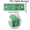 A green table runner featuring soccer balls and fun text for a party decoration.