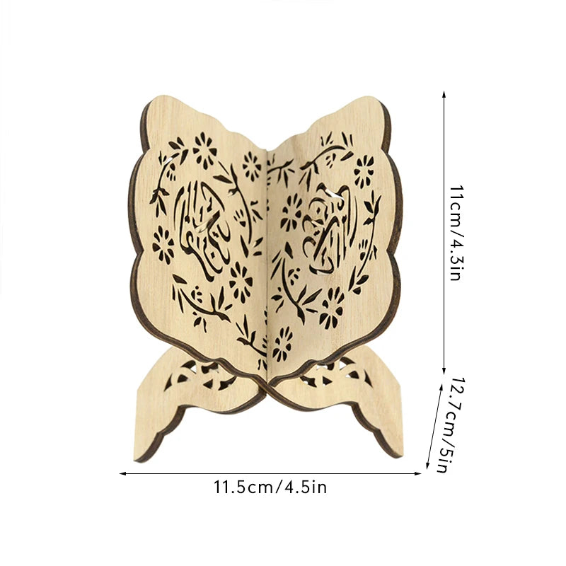 Elegant wooden book stand carved with Islamic patterns for holding Quran and holy books