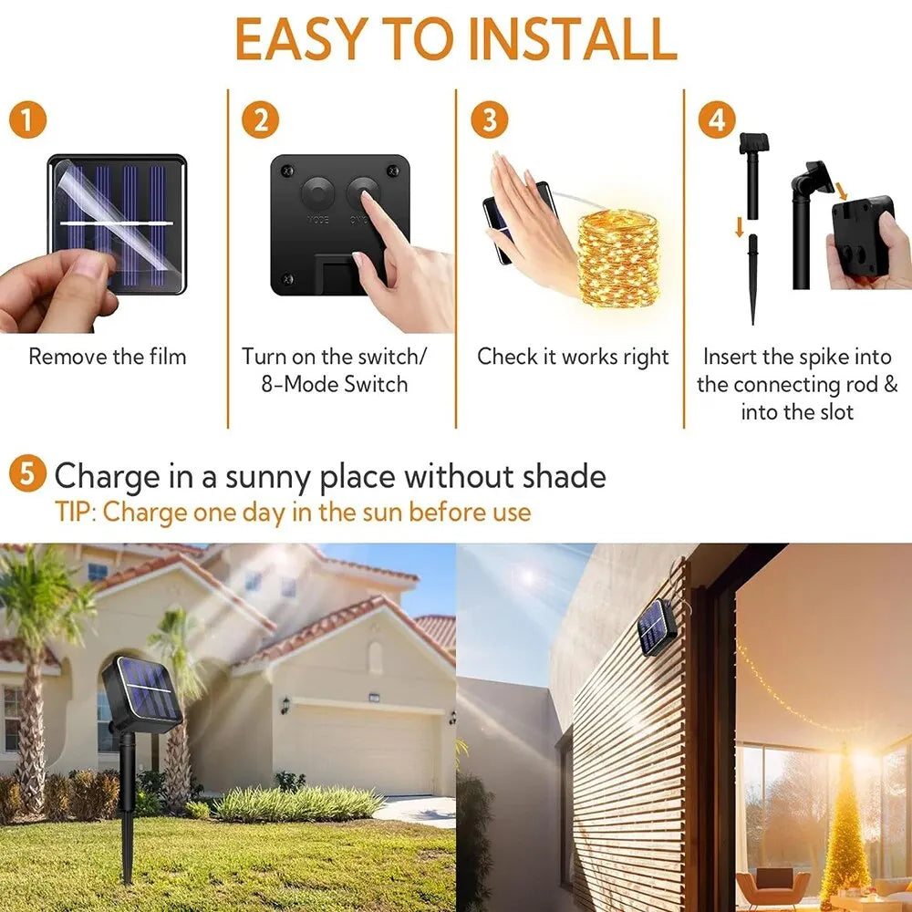 Installation steps for solar powered waterproof fairy string lights showing how to install and charge the product
