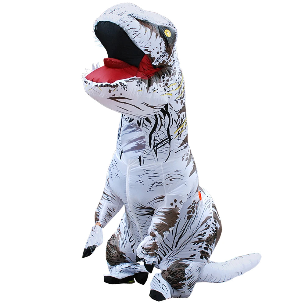A full inflatable adult T-Rex costume in white and gray with black accents.