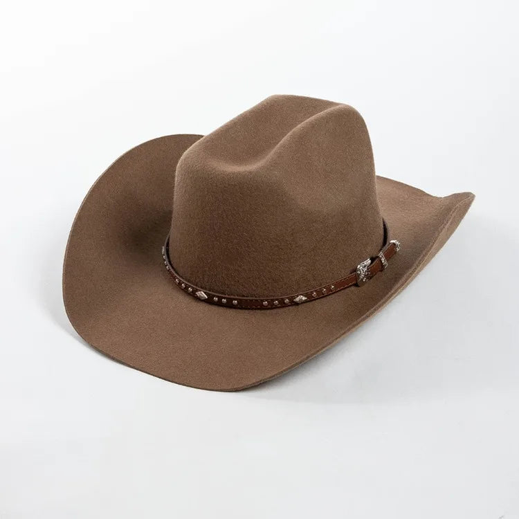 A brown wool cowboy hat with a studded leather band.