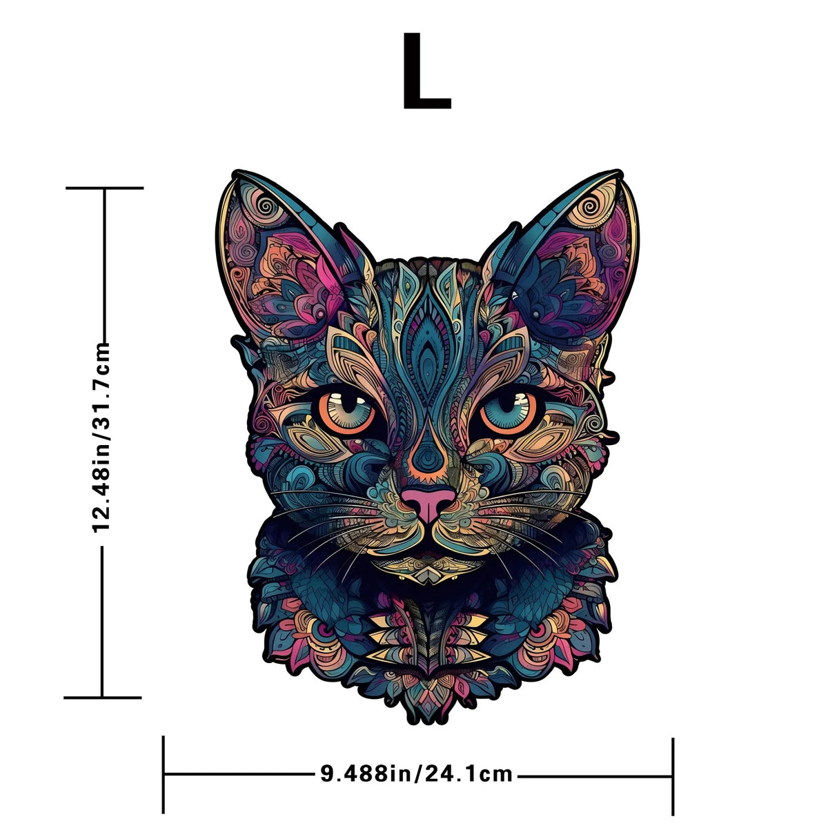 A detailed illustration of a cat's face with intricate, colorful patterns, suitable for a jigsaw puzzle or decor.
