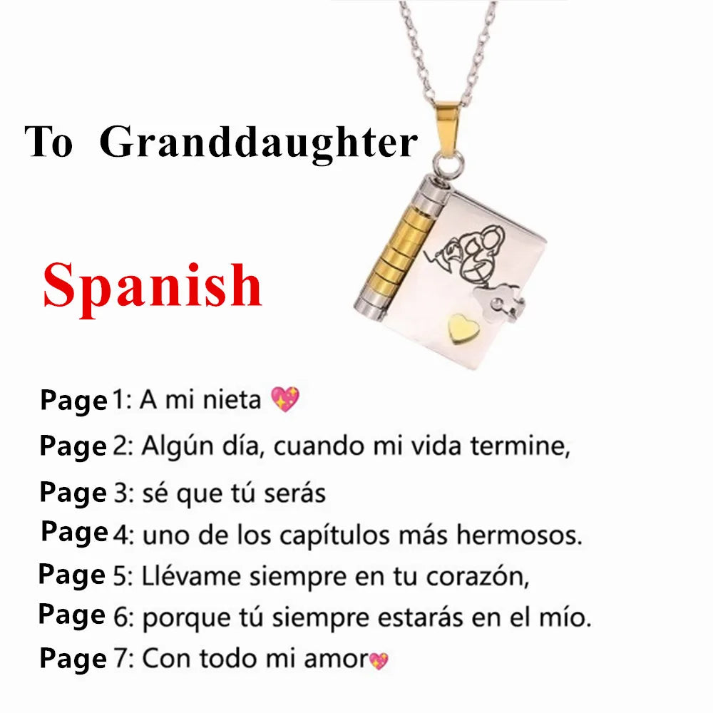 A gold pendant necklace with a charm engraved with a message to a granddaughter