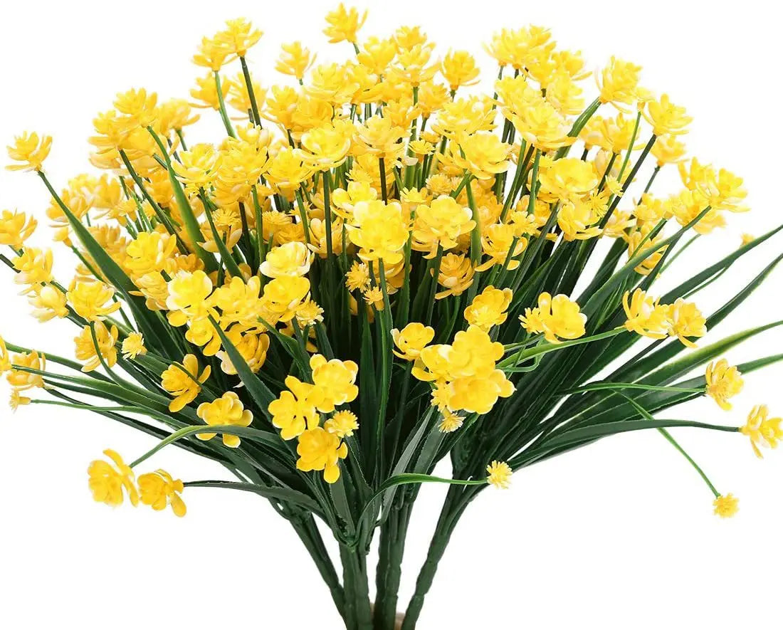 A bundle of bright yellow artificial flowers used for home and event decoration.
