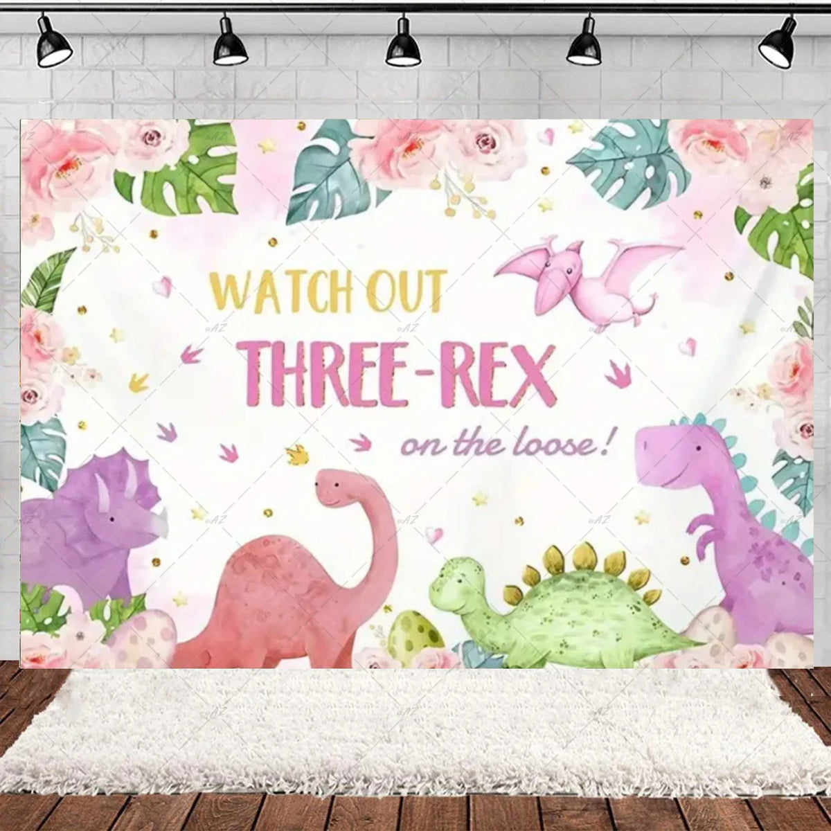 A pink and green cartoon dinosaur backdrop featuring a T-Rex, dinosaur silhouettes, and tropical leaves for a party decoratio