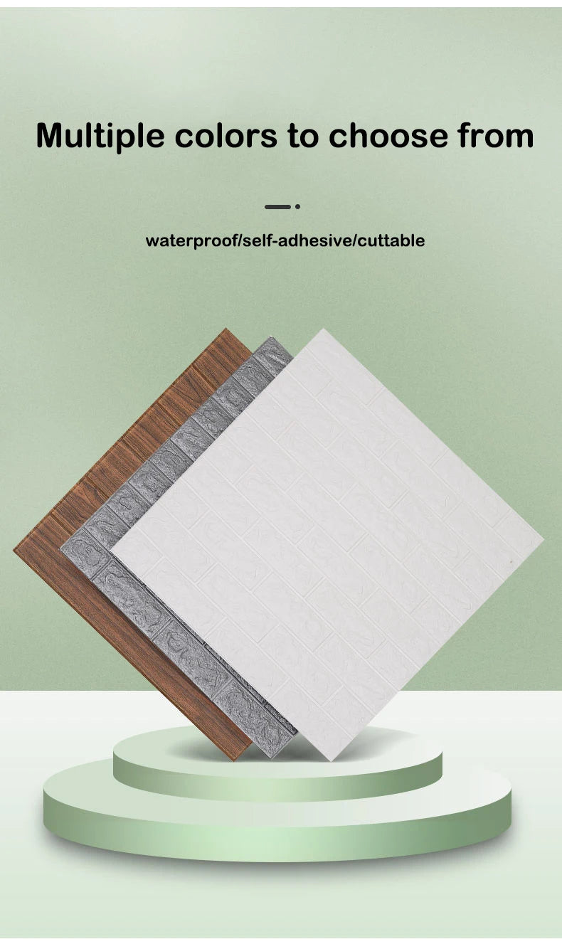 A display of multiple colors of waterproof self-adhesive cuttable foam wall panels stacked on a green pedestal.