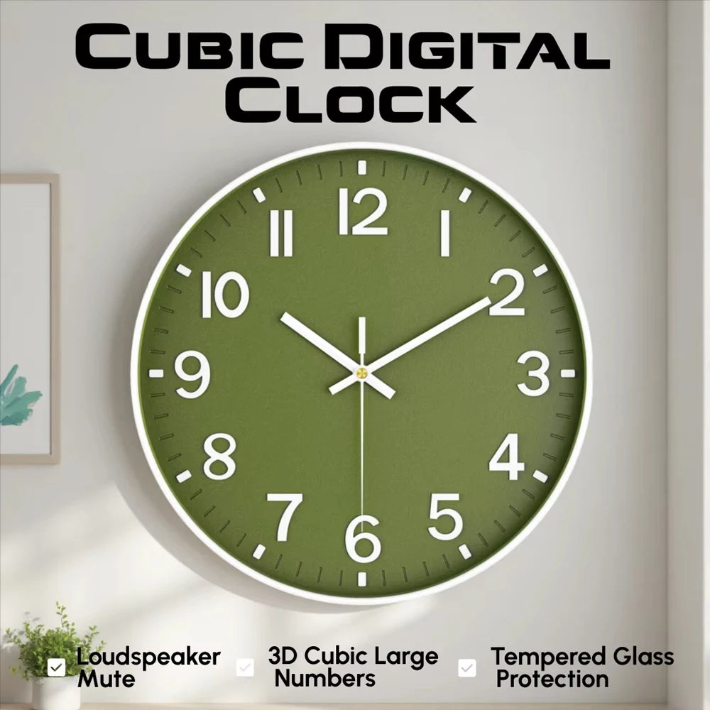 A round, minimalist wall clock with a green face and white hands displaying the time.