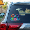 A dark car window features a rainbow infinity symbol and the word AUTISM in colorful lettering.