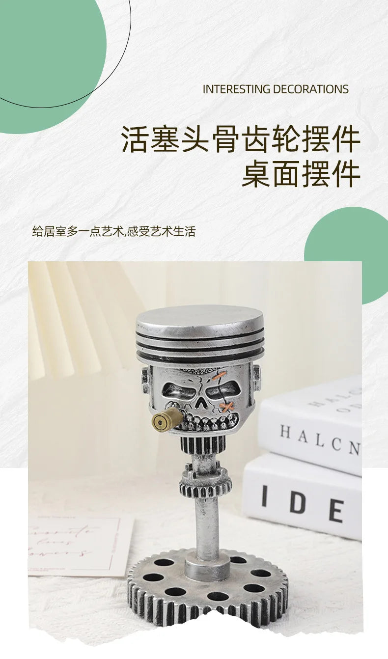A silver mechanical piston skull sculpture decoration for interior decor